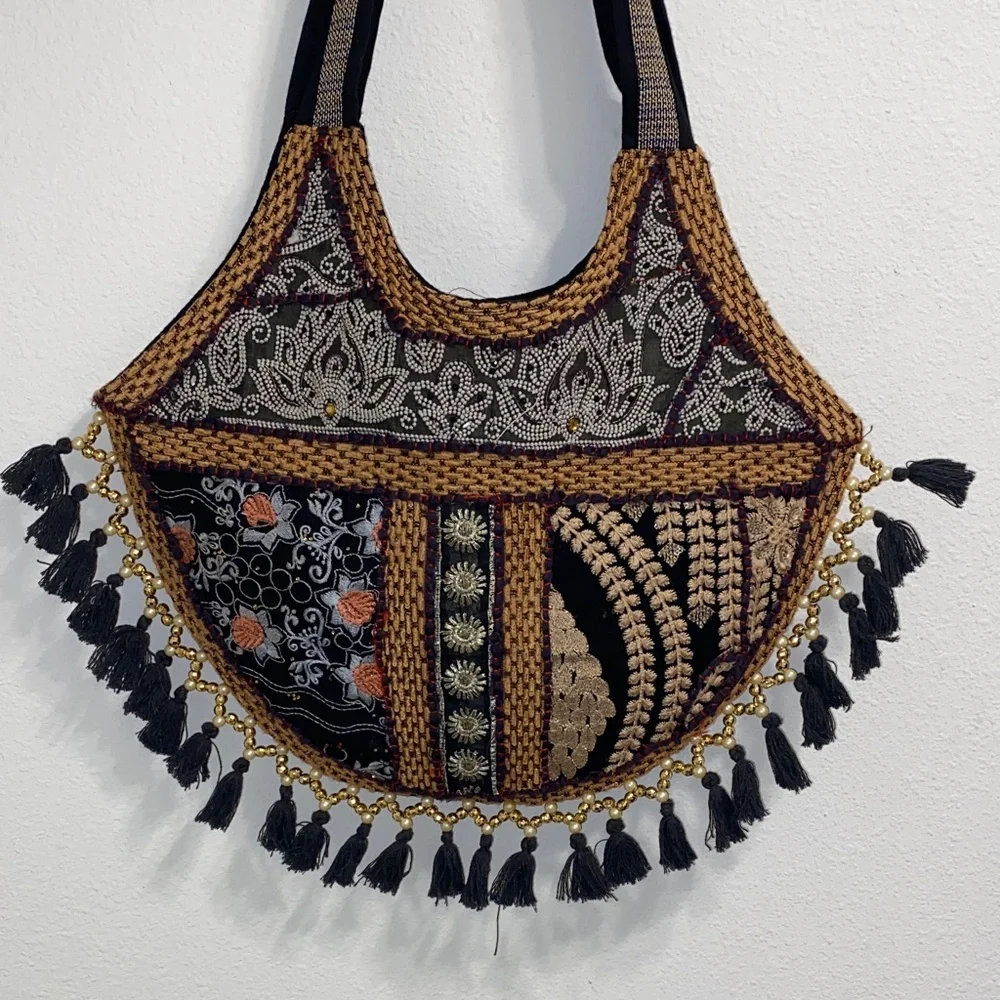 Bohemian Embroidered Black and Brown Tote Bag - Picture 3 of 5